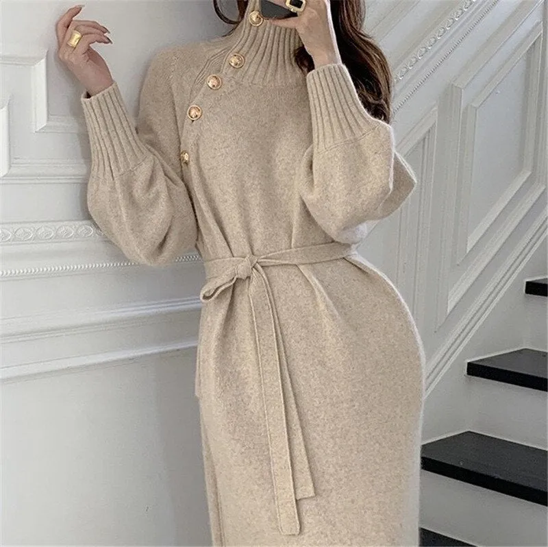 Wenkouban Winter Turtleneck Buttons Women Knitted Dress Elegant Full Sleeve Lace-up Female Thicken Long Sweater Dress For New Year 2022