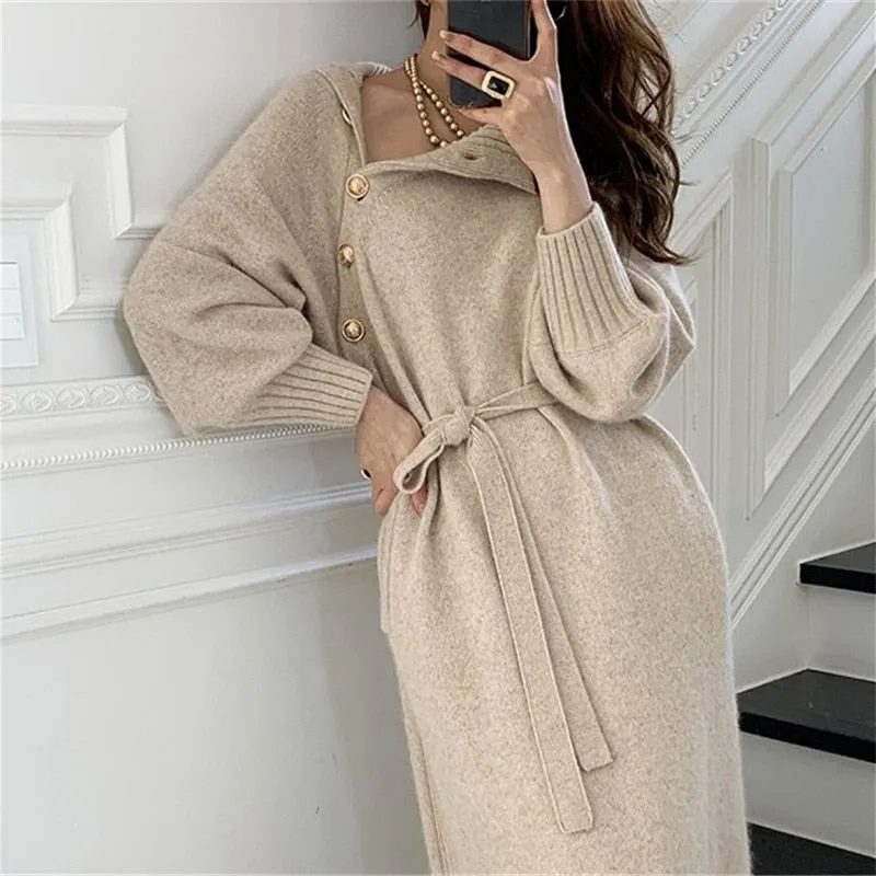 Wenkouban Winter Turtleneck Buttons Women Knitted Dress Elegant Full Sleeve Lace-up Female Thicken Long Sweater Dress For New Year 2022