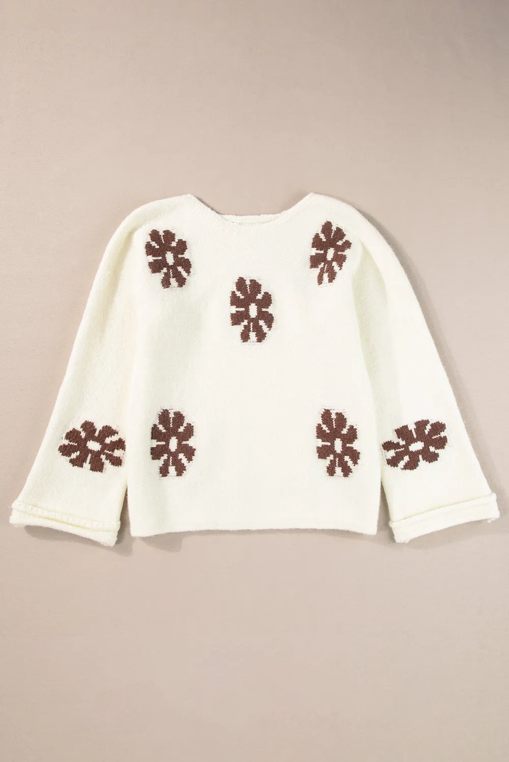 White 60s Floral Pattern Crewneck Sweater