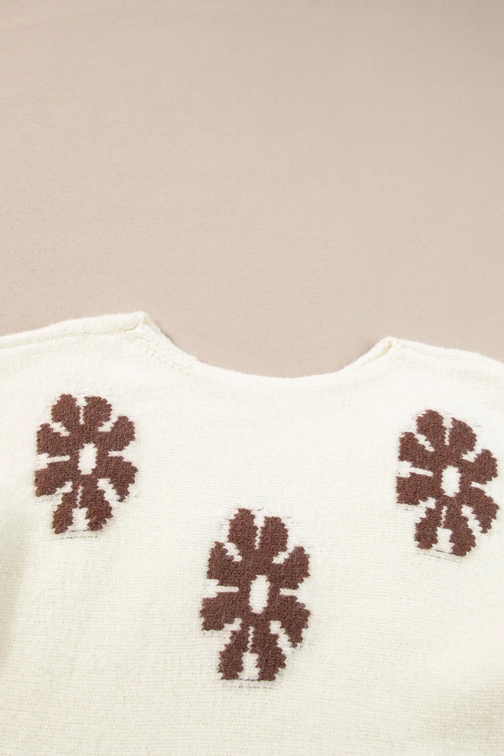 White 60s Floral Pattern Crewneck Sweater