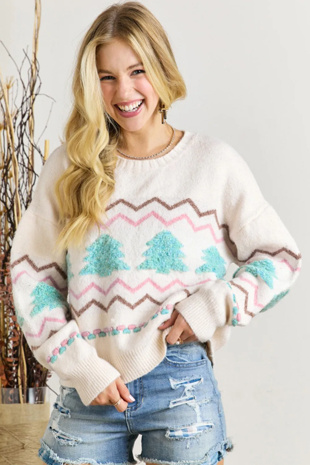 White Christmas Tree Wavy Striped Drop Sleeve Sweater