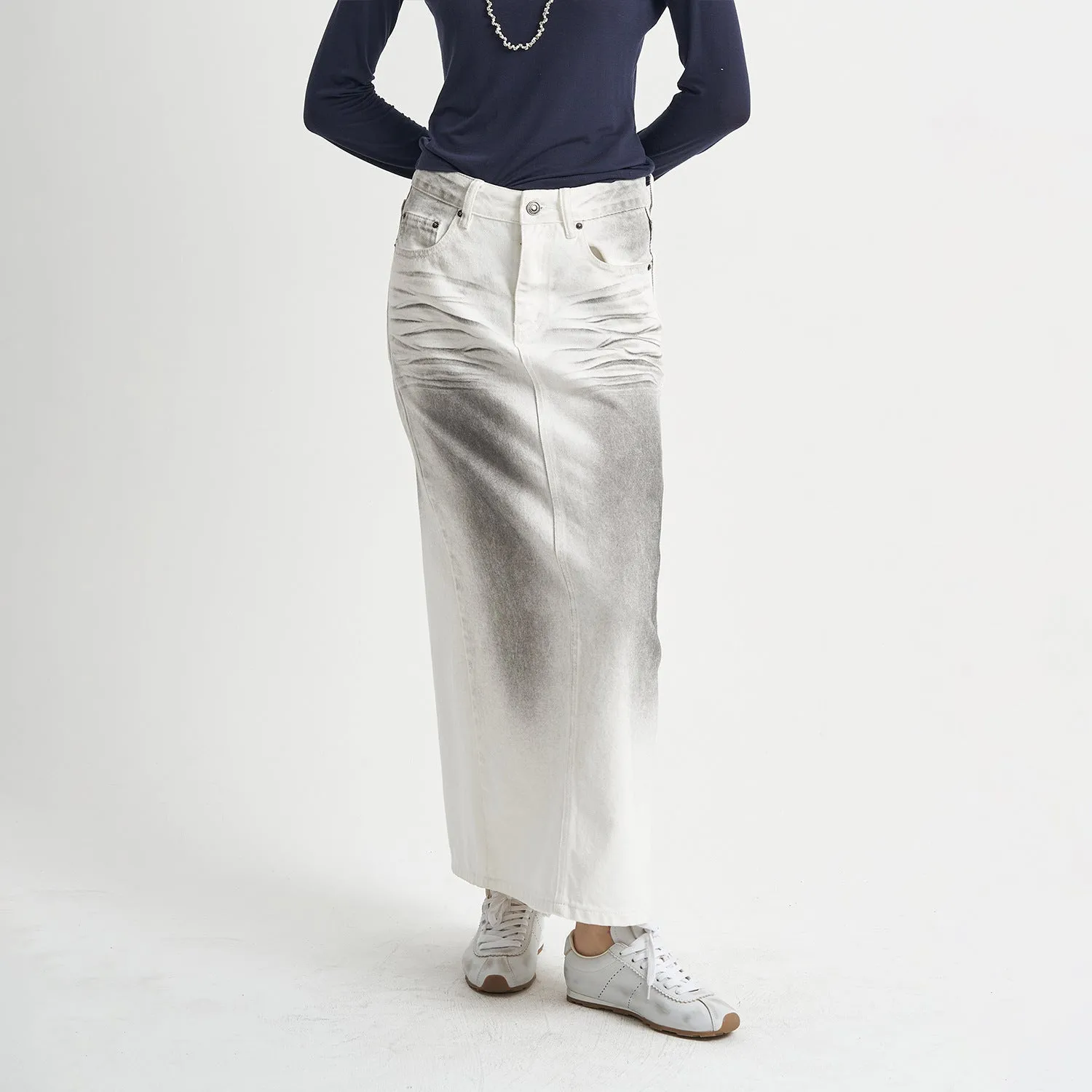 White Gradient Denim Pencil Maxi Skirt