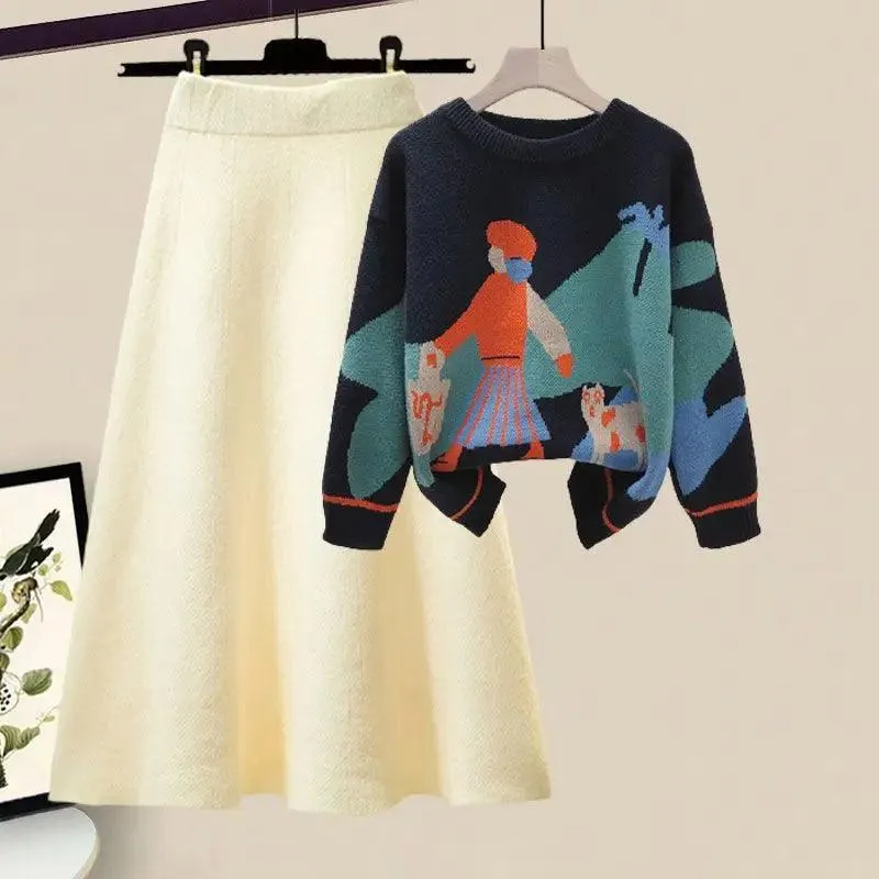 Winter Cartoon Print Knit Sweater & Skirt Set: Chic Party Ensemble