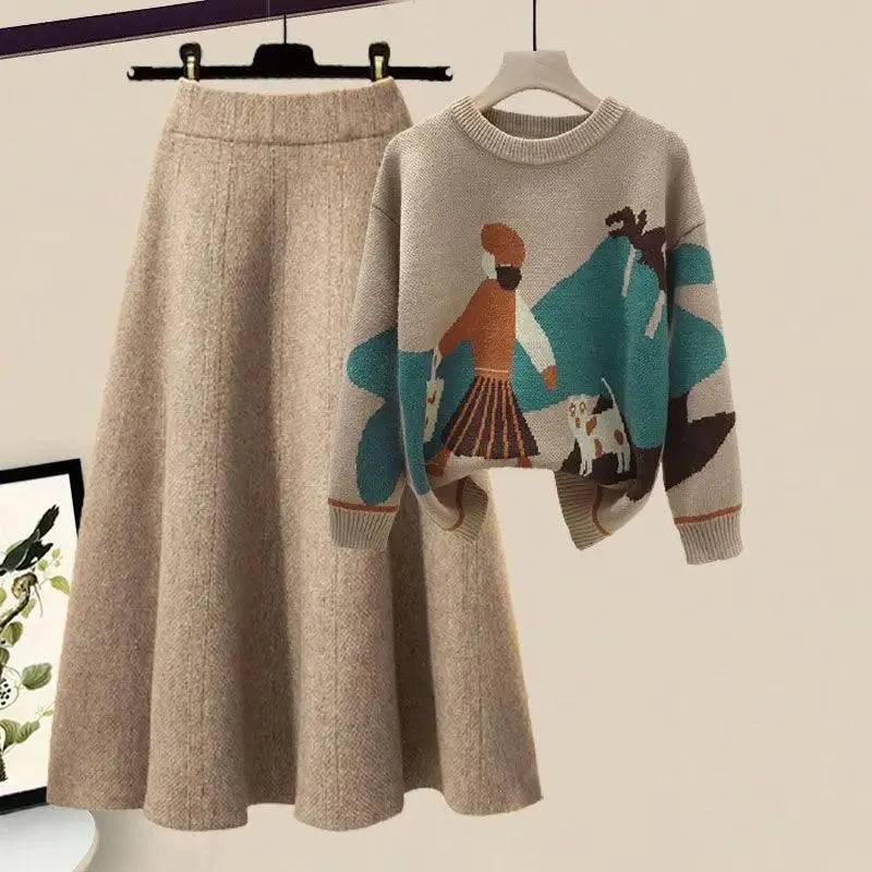 Winter Cartoon Print Knit Sweater & Skirt Set: Chic Party Ensemble