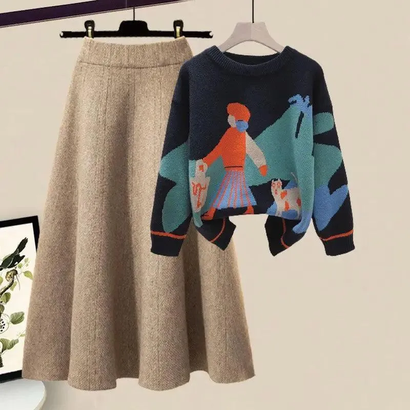 Winter Cartoon Print Knit Sweater & Skirt Set: Chic Party Ensemble