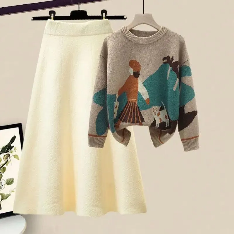 Winter Cartoon Print Knit Sweater & Skirt Set: Chic Party Ensemble