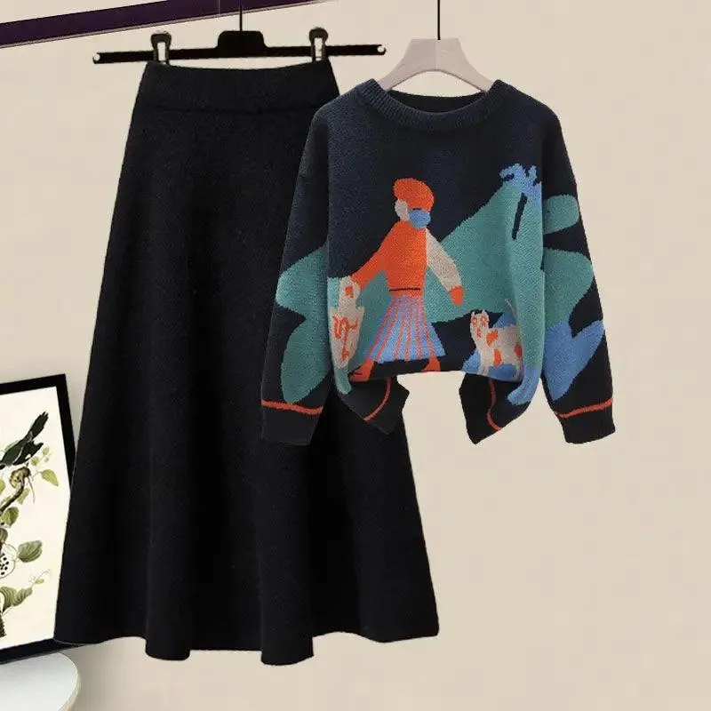 Winter Cartoon Print Knit Sweater & Skirt Set: Chic Party Ensemble