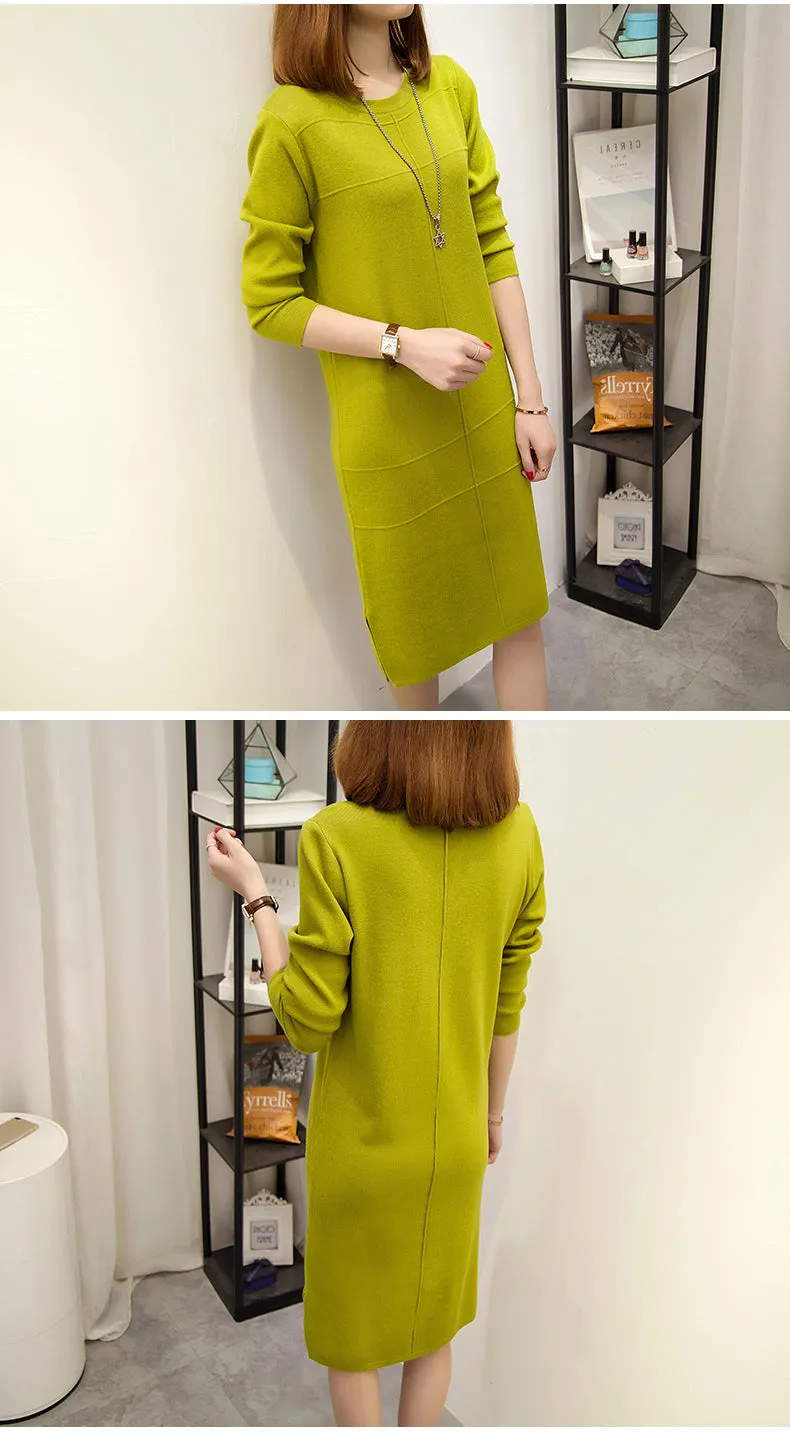 Wjczt Womens Autumn Winter Slim Sweater Dress 2024 Solid Thick Dress Round Neck Long Sleeve Knit Dress Female LJ0711