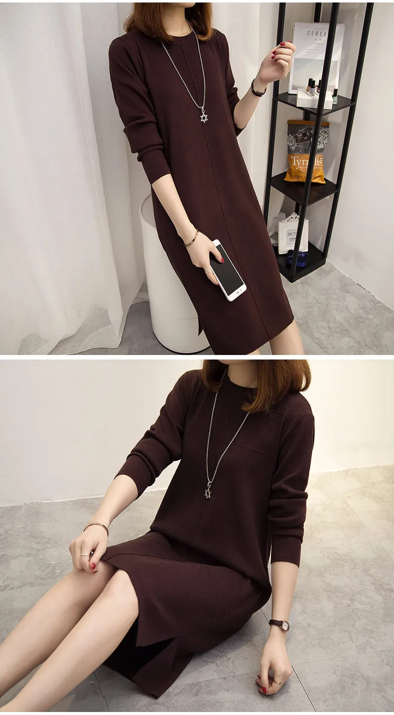 Wjczt Womens Autumn Winter Slim Sweater Dress 2024 Solid Thick Dress Round Neck Long Sleeve Knit Dress Female LJ0711