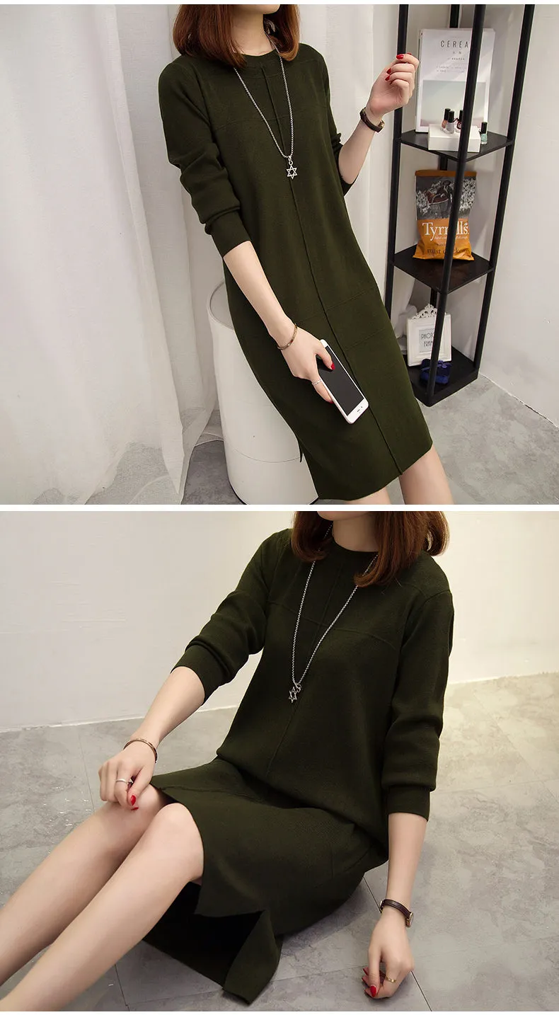 Wjczt Womens Autumn Winter Slim Sweater Dress 2024 Solid Thick Dress Round Neck Long Sleeve Knit Dress Female LJ0711