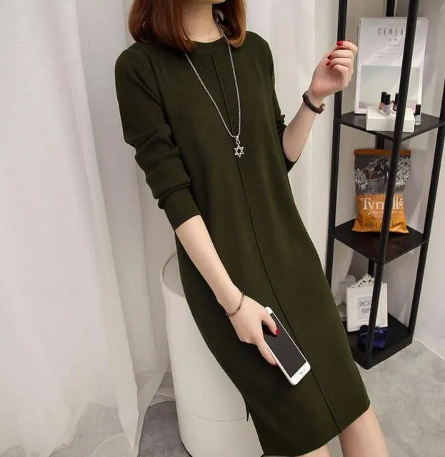 Wjczt Womens Autumn Winter Slim Sweater Dress 2024 Solid Thick Dress Round Neck Long Sleeve Knit Dress Female LJ0711