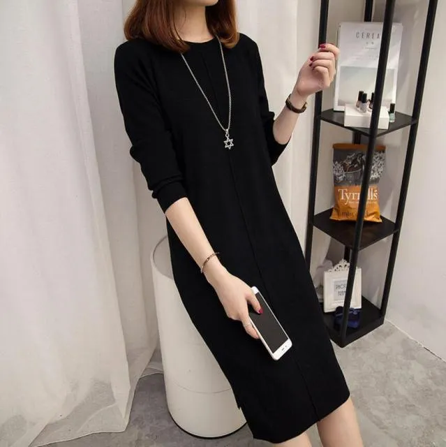 Wjczt Womens Autumn Winter Slim Sweater Dress 2024 Solid Thick Dress Round Neck Long Sleeve Knit Dress Female LJ0711