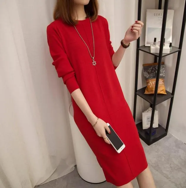 Wjczt Womens Autumn Winter Slim Sweater Dress 2024 Solid Thick Dress Round Neck Long Sleeve Knit Dress Female LJ0711