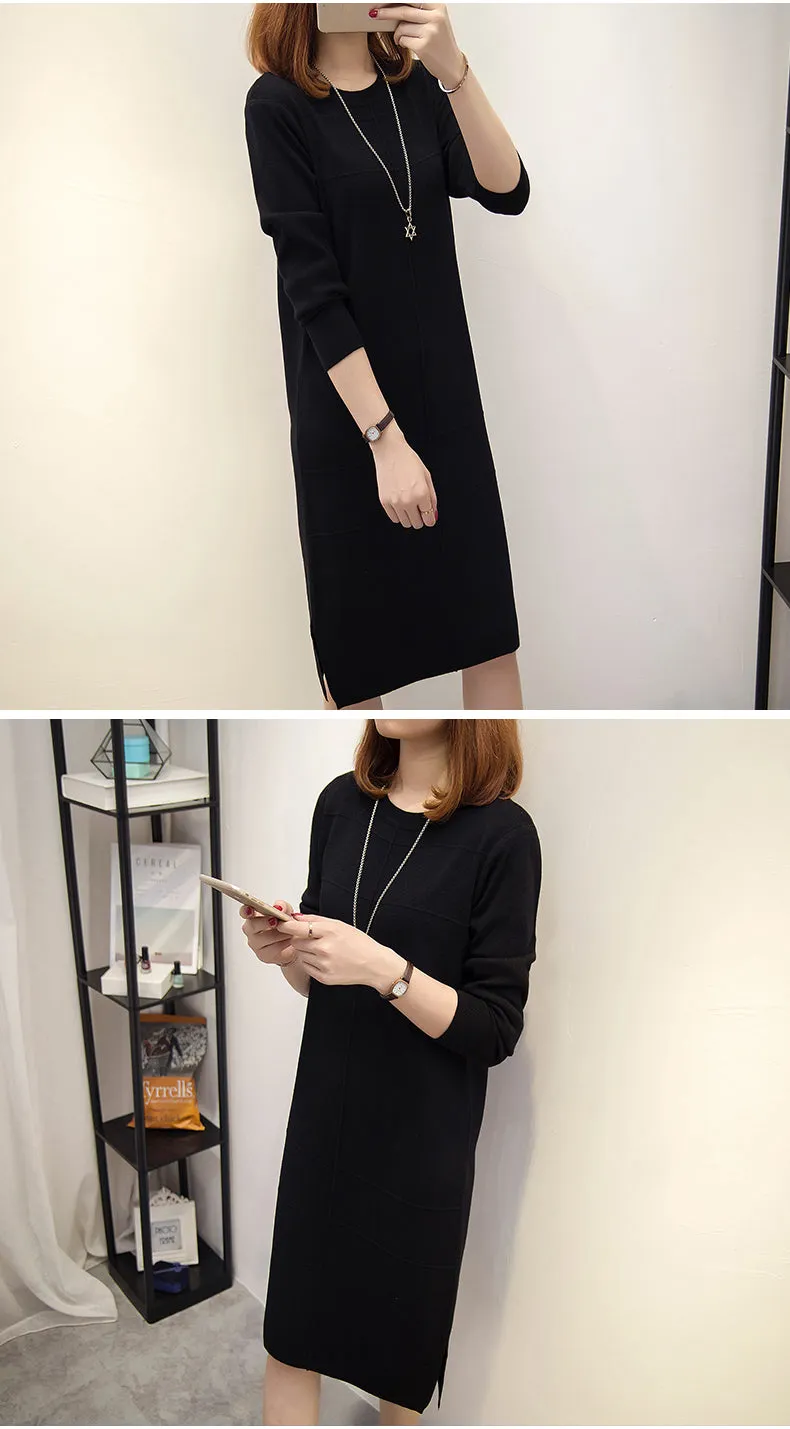 Wjczt Womens Autumn Winter Slim Sweater Dress 2024 Solid Thick Dress Round Neck Long Sleeve Knit Dress Female LJ0711