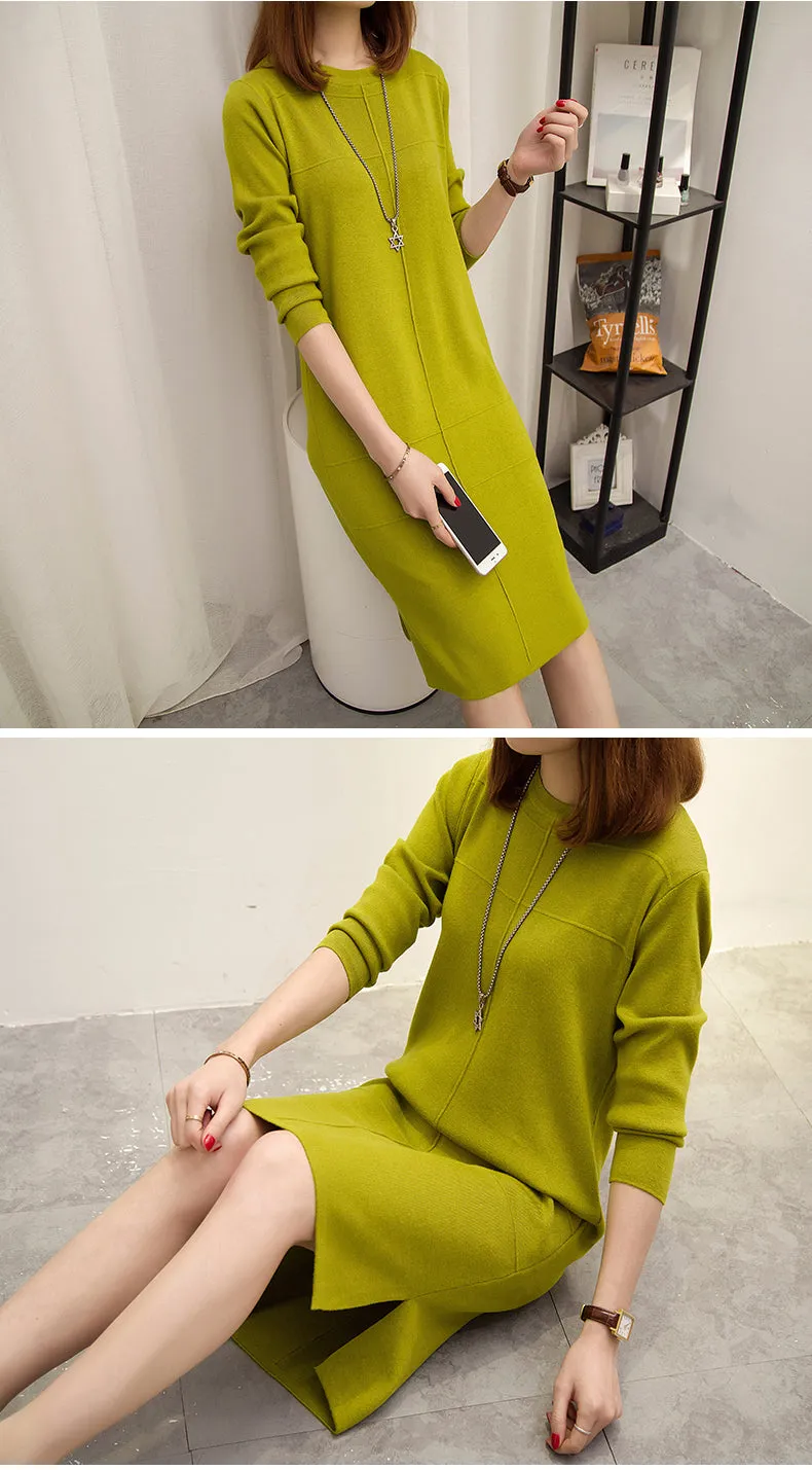 Wjczt Womens Autumn Winter Slim Sweater Dress 2024 Solid Thick Dress Round Neck Long Sleeve Knit Dress Female LJ0711