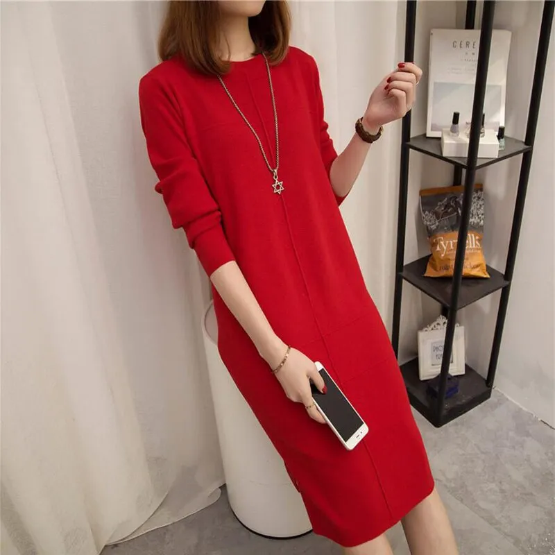 Wjczt Womens Autumn Winter Slim Sweater Dress 2024 Solid Thick Dress Round Neck Long Sleeve Knit Dress Female LJ0711