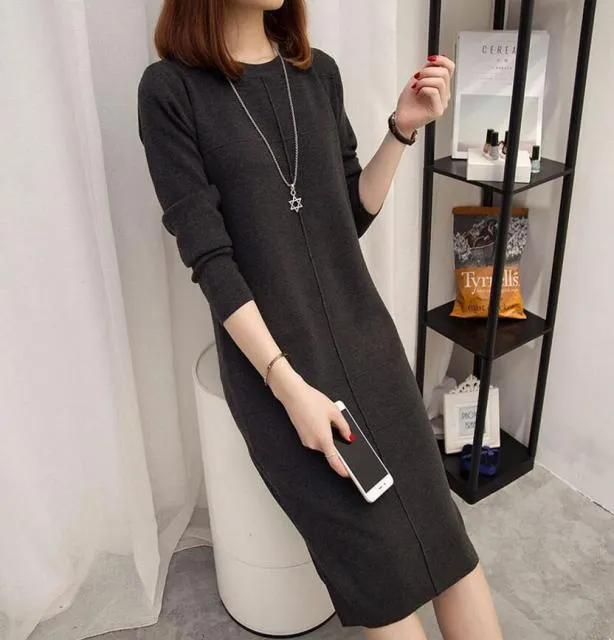 Wjczt Womens Autumn Winter Slim Sweater Dress 2024 Solid Thick Dress Round Neck Long Sleeve Knit Dress Female LJ0711