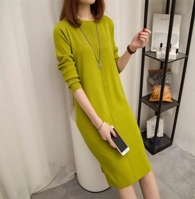 Wjczt Womens Autumn Winter Slim Sweater Dress 2024 Solid Thick Dress Round Neck Long Sleeve Knit Dress Female LJ0711