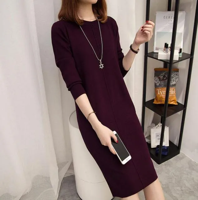 Wjczt Womens Autumn Winter Slim Sweater Dress 2024 Solid Thick Dress Round Neck Long Sleeve Knit Dress Female LJ0711