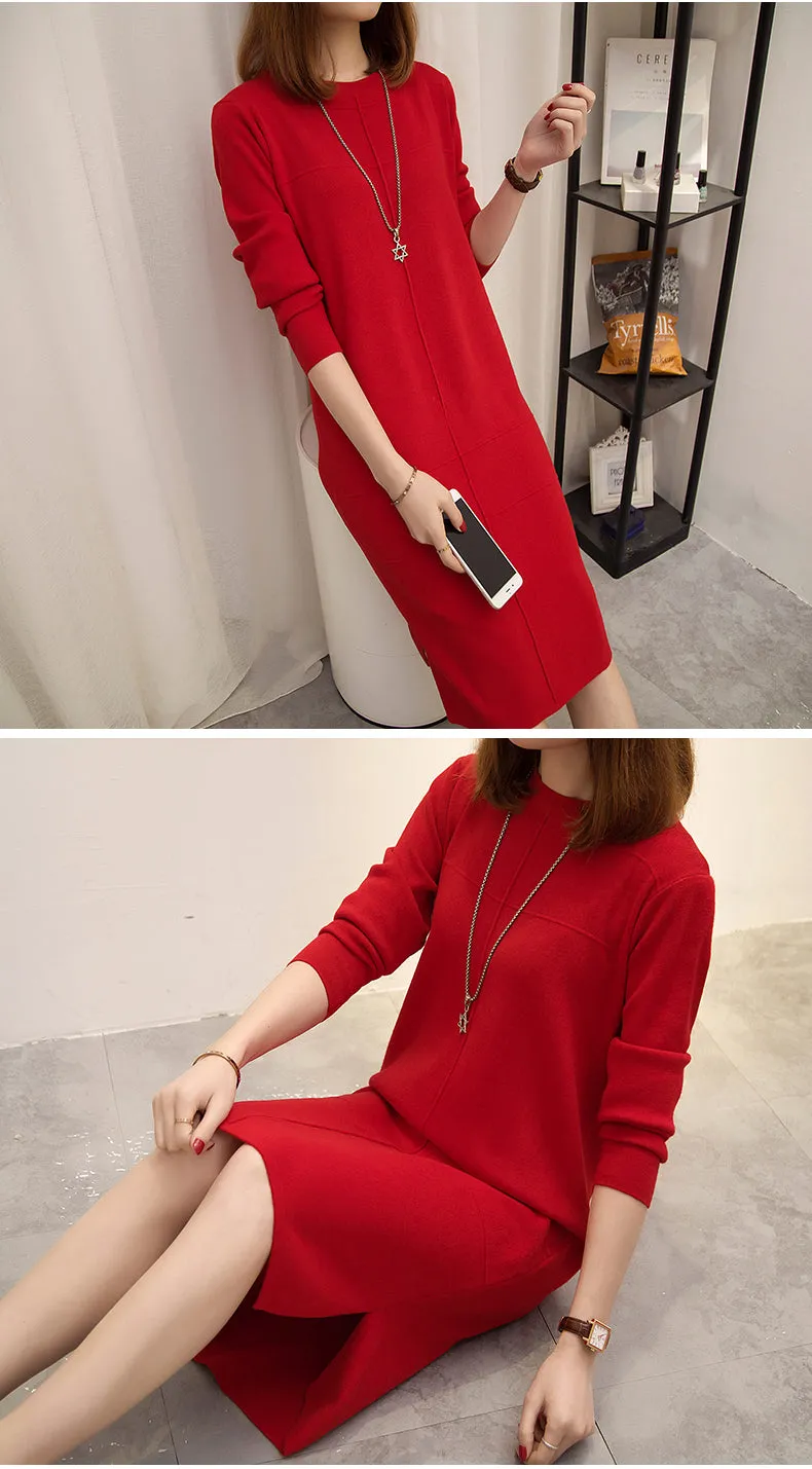 Wjczt Womens Autumn Winter Slim Sweater Dress 2024 Solid Thick Dress Round Neck Long Sleeve Knit Dress Female LJ0711