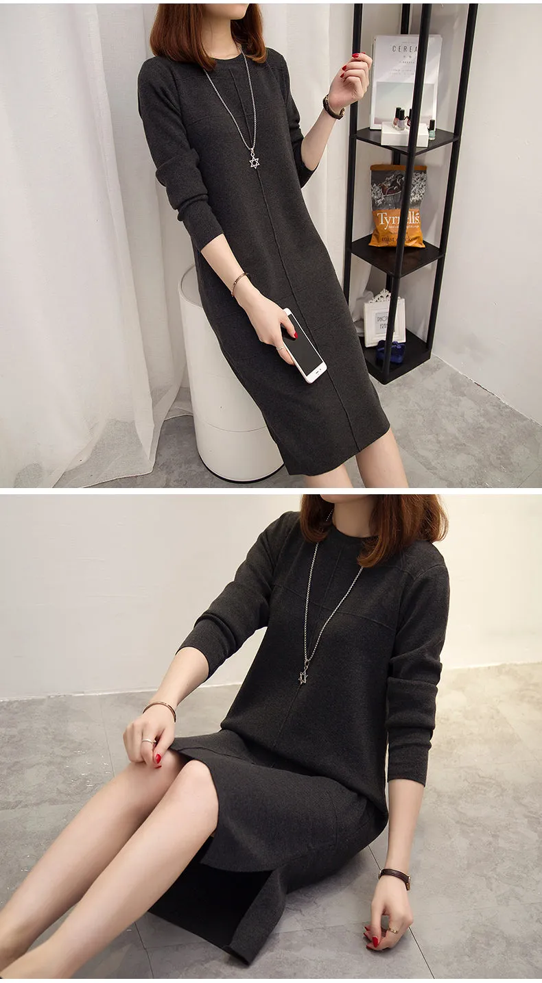 Wjczt Womens Autumn Winter Slim Sweater Dress 2024 Solid Thick Dress Round Neck Long Sleeve Knit Dress Female LJ0711