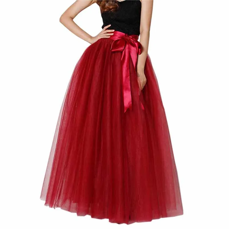 Women Long Elastic Pleated Maxi Chiffon Long Tutu Skirt 6 Layers Tulle