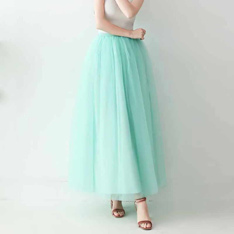 Women Long Elastic Pleated Maxi Chiffon Long Tutu Skirt 6 Layers Tulle