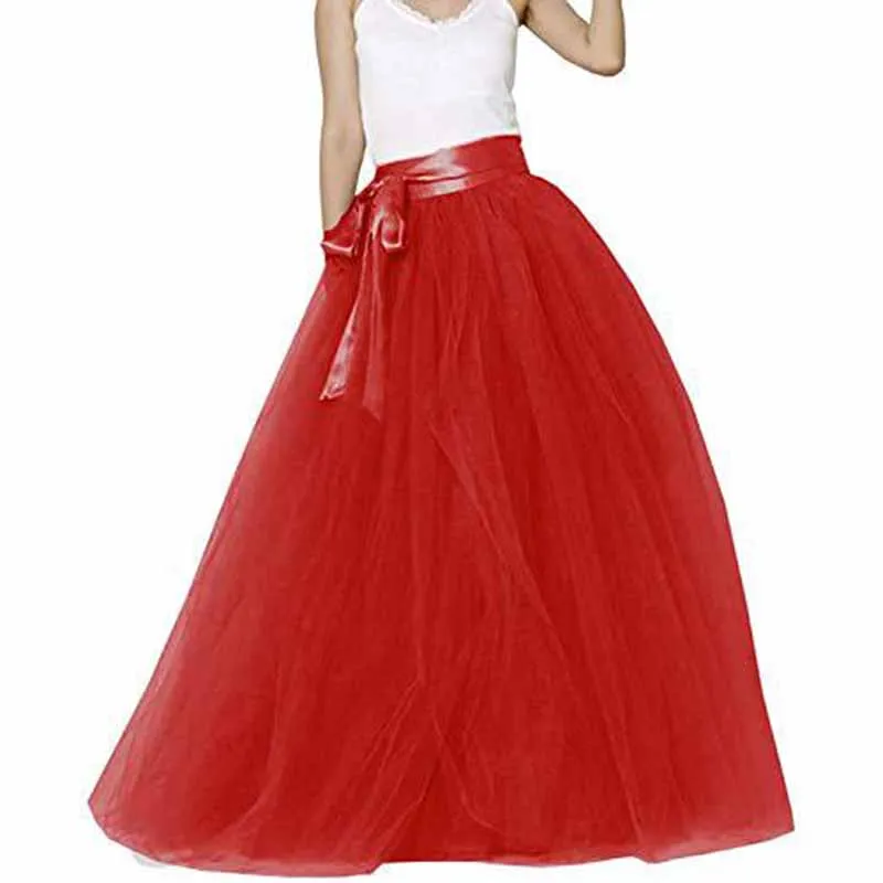 Women Long Elastic Pleated Maxi Chiffon Long Tutu Skirt 6 Layers Tulle