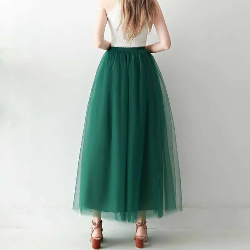 Women Long Elastic Pleated Maxi Chiffon Long Tutu Skirt 6 Layers Tulle