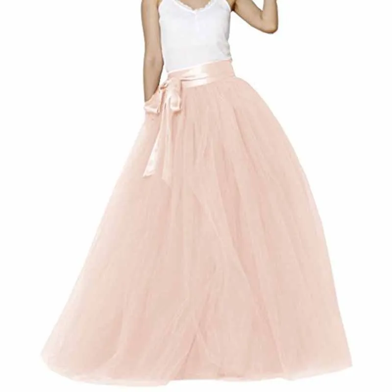 Women Long Elastic Pleated Maxi Chiffon Long Tutu Skirt 6 Layers Tulle