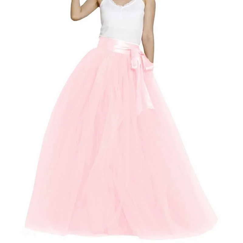 Women Long Elastic Pleated Maxi Chiffon Long Tutu Skirt 6 Layers Tulle