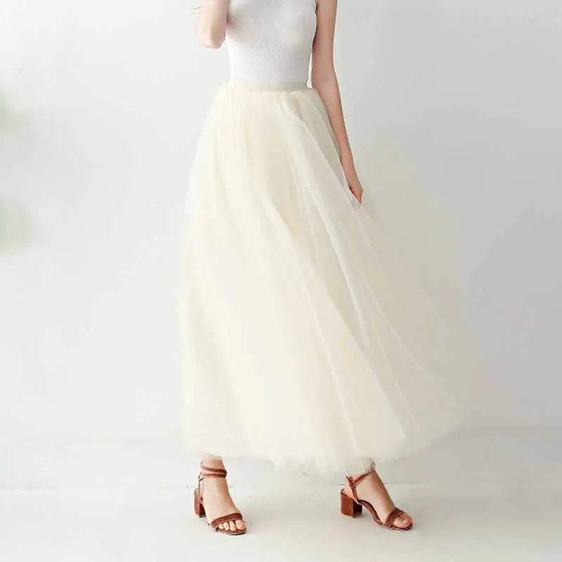 Women Long Elastic Pleated Maxi Chiffon Long Tutu Skirt 6 Layers Tulle