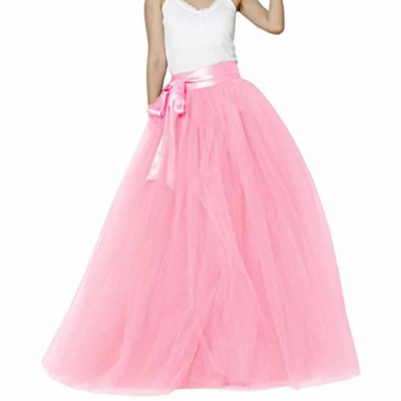 Women Long Elastic Pleated Maxi Chiffon Long Tutu Skirt 6 Layers Tulle