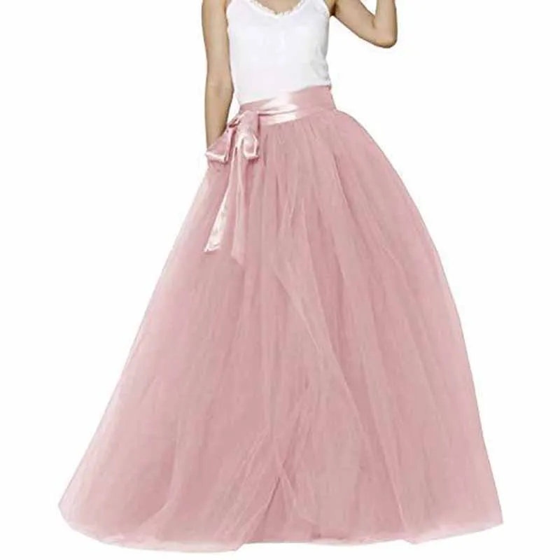 Women Long Elastic Pleated Maxi Chiffon Long Tutu Skirt 6 Layers Tulle