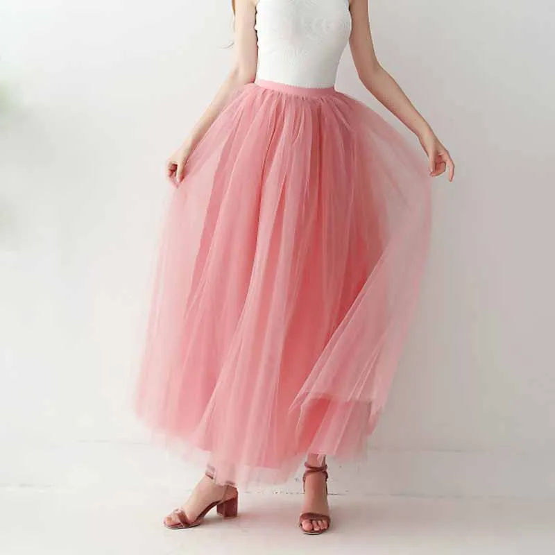 Women Long Elastic Pleated Maxi Chiffon Long Tutu Skirt 6 Layers Tulle