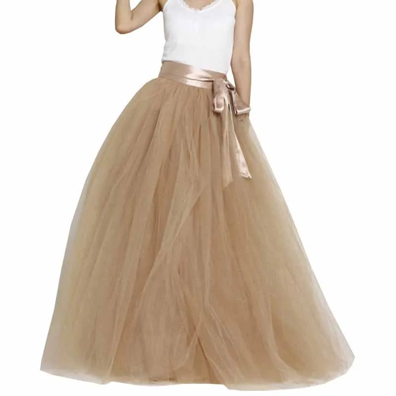 Women Long Elastic Pleated Maxi Chiffon Long Tutu Skirt 6 Layers Tulle