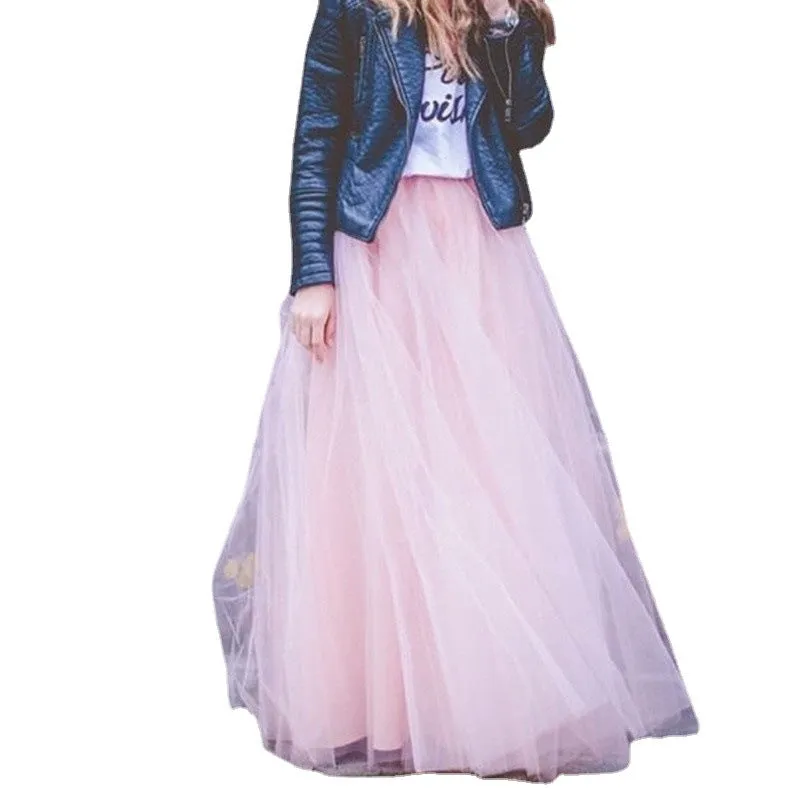 Women Long Elastic Pleated Maxi Chiffon Long Tutu Skirt 6 Layers Tulle