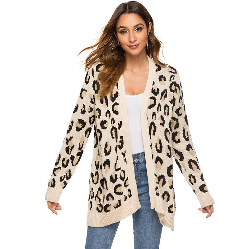 Women Long Sleeve Open Front Leopard Knit Sweater Coat