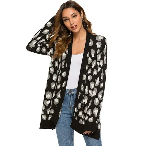 Women Long Sleeve Open Front Leopard Knit Sweater Coat