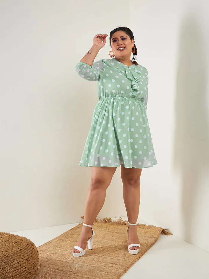 Women Sea Green Polka Dot Fit & Flare Ruffle Dress