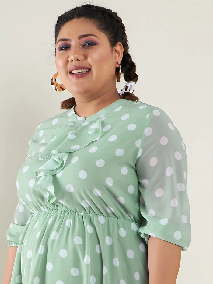 Women Sea Green Polka Dot Fit & Flare Ruffle Dress