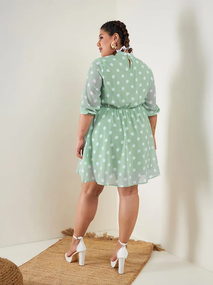 Women Sea Green Polka Dot Fit & Flare Ruffle Dress