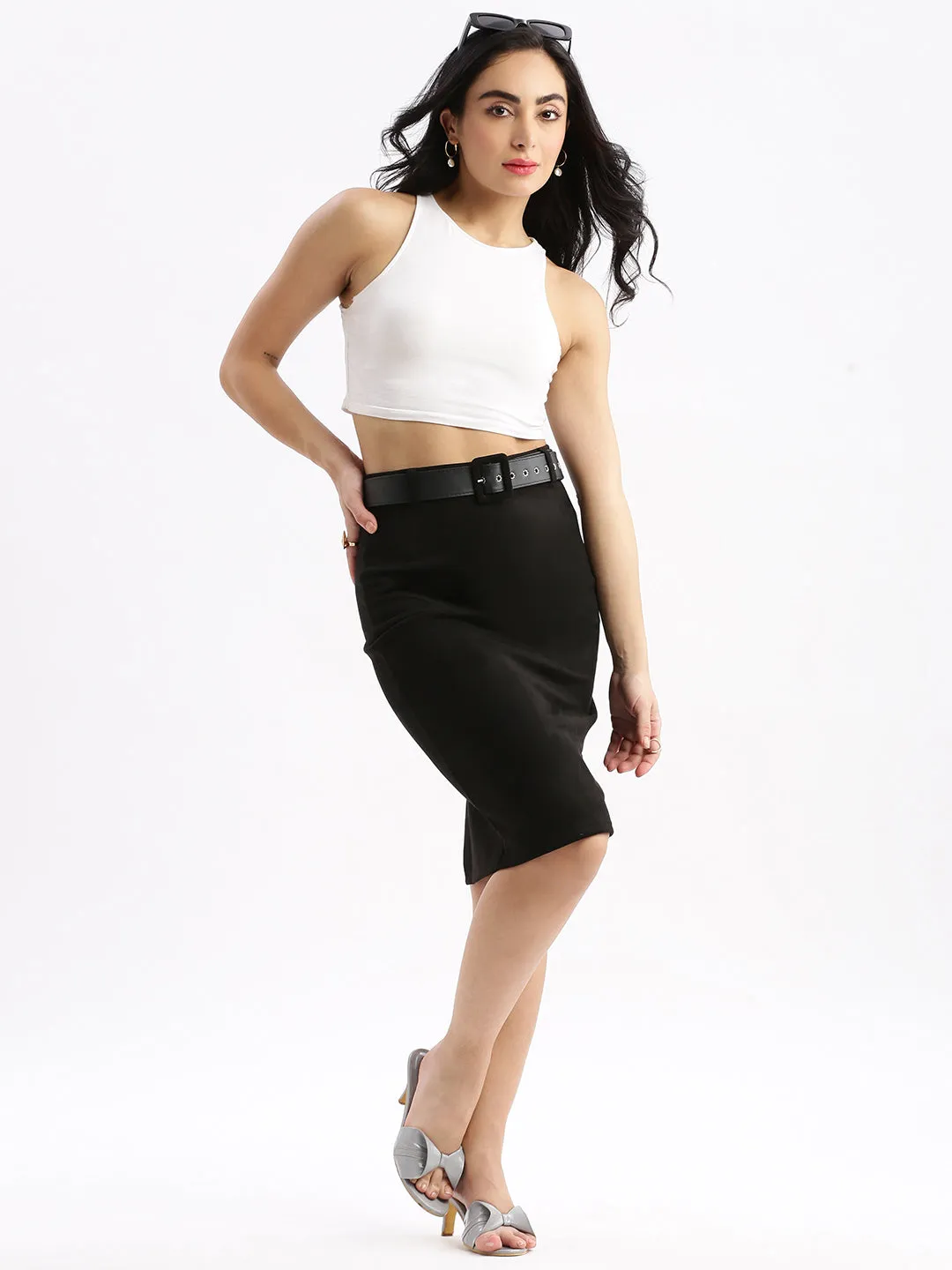 Women Solid Black Pencil Midi Skirt with Belt