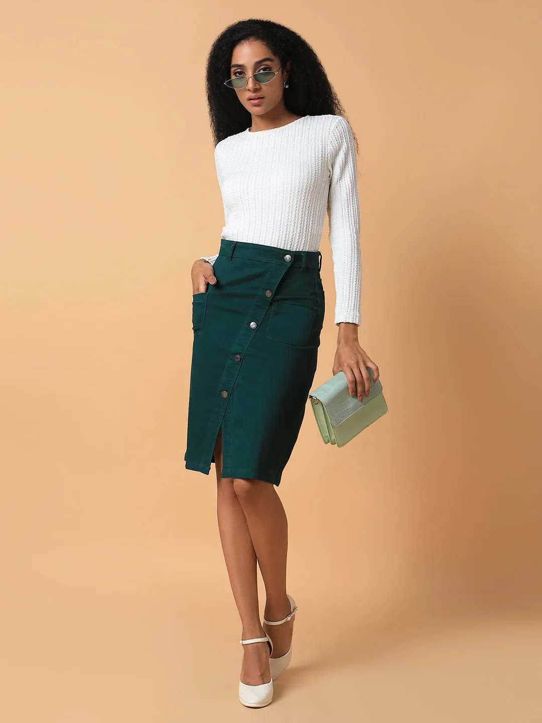 Women Solid Green Pencil Skirt