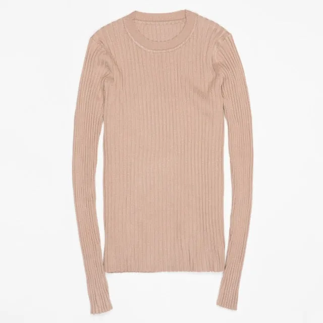 Women Sweater Pullover Basic Rib Knitted Cotton Tops Solid Crew Neck Essential Jumper Long Sleeve Sweaters With Thumb Hole