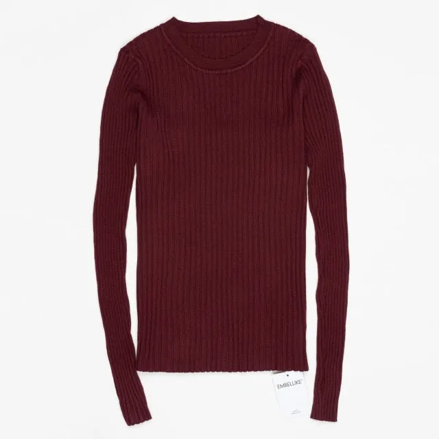 Women Sweater Pullover Basic Rib Knitted Cotton Tops Solid Crew Neck Essential Jumper Long Sleeve Sweaters With Thumb Hole