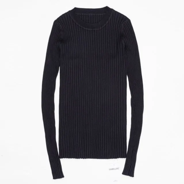 Women Sweater Pullover Basic Rib Knitted Cotton Tops Solid Crew Neck Essential Jumper Long Sleeve Sweaters With Thumb Hole