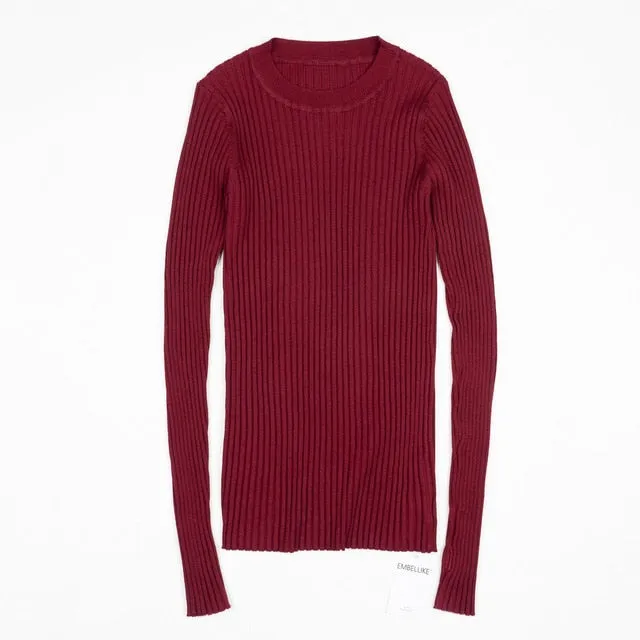 Women Sweater Pullover Basic Rib Knitted Cotton Tops Solid Crew Neck Essential Jumper Long Sleeve Sweaters With Thumb Hole