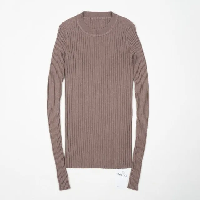 Women Sweater Pullover Basic Rib Knitted Cotton Tops Solid Crew Neck Essential Jumper Long Sleeve Sweaters With Thumb Hole