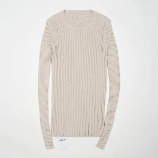 Women Sweater Pullover Basic Rib Knitted Cotton Tops Solid Crew Neck Essential Jumper Long Sleeve Sweaters With Thumb Hole